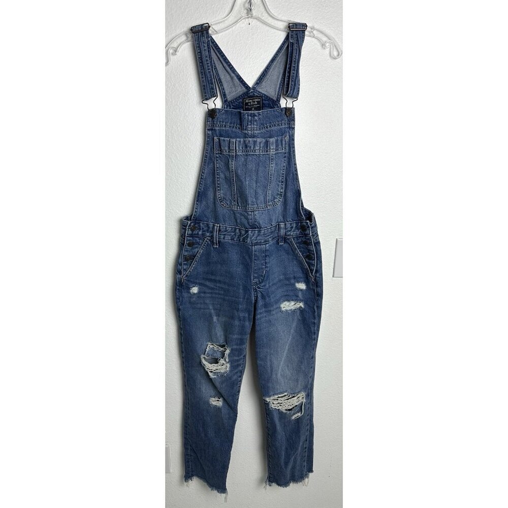 Abercrombie & Fitch Bib Overalls Size XS Denim Stretch Distressed Holes Cropped - Picture 2 of 15